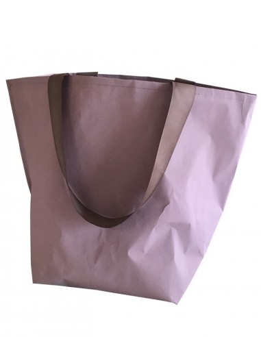 Shopper in carta con manici in stoffa cucita a mano - 3 colori - conf. 10  pz. (5,99 €/pz)